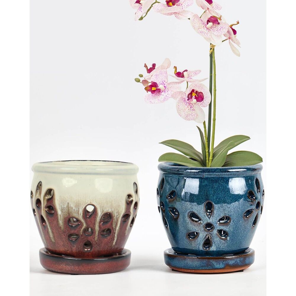 Vensovo Orchid Pots with Saucers, 2 Pack, 4 Inch, Blue & Brown